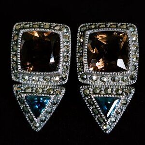 Vintage Judith Jack Sterling Silver Aquamarine & Smoky Quartz Marcasite Earrings